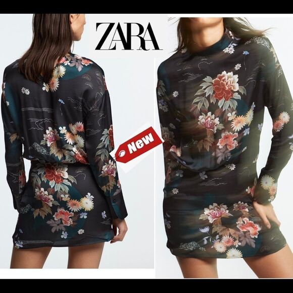 Zara Black long sleeve floral Camila minidress Sz XS NWT - Picture 1 of 10